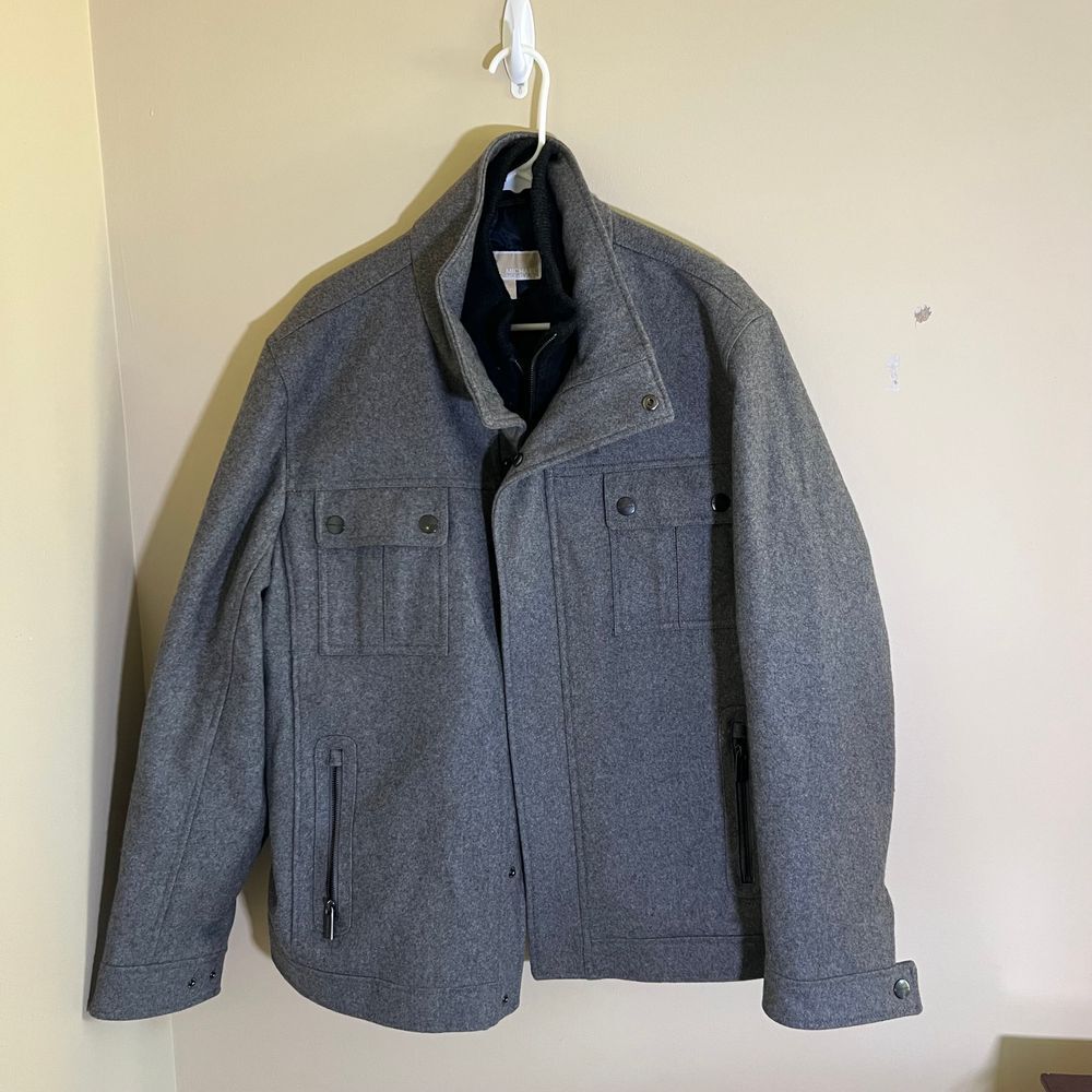 Michael Kors Grey Wool Military-Style Jacket with Utility Pockets Men's XL